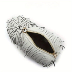 Creative white fringe sheepdog style shoulder bag with gold zipper and long tassels