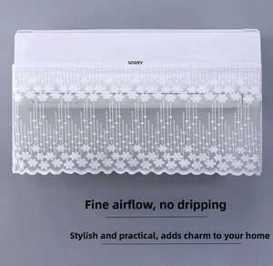 Close-up of white lace air conditioner cover featuring delicate floral embroidery detail