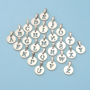 Polished silver stainless steel round letter pendants A-Z with hollow-out alphabet design