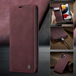 Burgundy leather wallet case with card slots and magnetic closure for smartphones