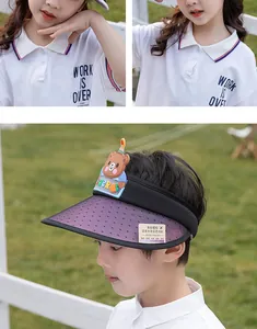 Detail of UV-sensitive sun visor showing color-changing mesh brim and cute bear decor