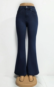 Front view of dark blue high-waisted flared jeans with elastic fabric and slim-fit details