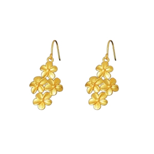 Elegant 18K gold flower drop earrings featuring four matte textured petals on white background