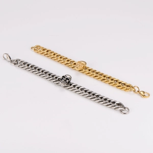 Minimalist stainless steel thick cuban link chain bracelets with skull detail in gold and silver