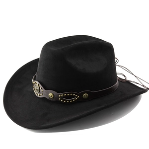 Classic black faux suede cowboy hat with studded leather band and wide curved brim
