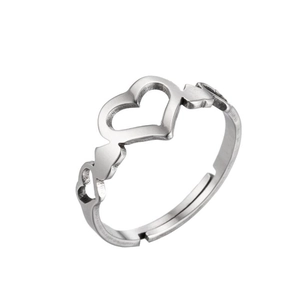 Polished stainless steel open heart ring with adjustable band and hollow heart design