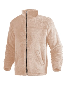Detail of soft apricot polar fleece jacket featuring a high collar and black front zipper