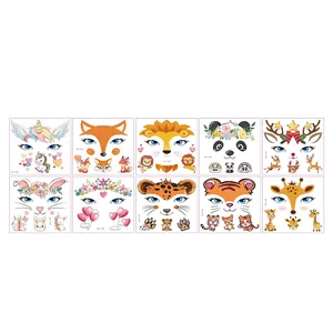 Set of 10 temporary cartoon animal face tattoos including lion, panda and unicorn