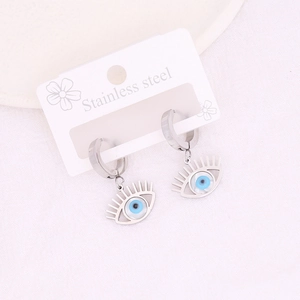 Silver stainless steel evil eye tassel drop earrings with blue eye center design