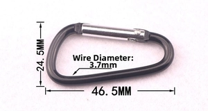 Detail view of black D-shaped carabiner hook with 46.5mm length and 3.7mm wire diameter
