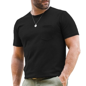 Close-up of black cotton Henley T-shirt featuring a chest pocket and fabric texture