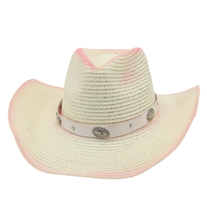 Panama straw hat with pink gradient edges and ethnic vintage metal buckle band