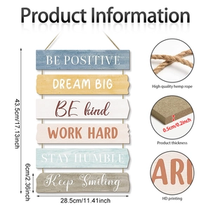 Vintage wooden wall plaque with six colorful inspirational hanging signs and rope