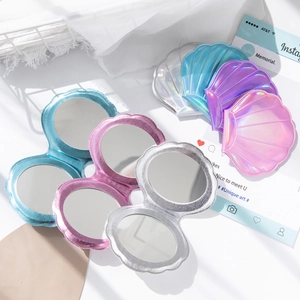 Holographic Shell Shaped Compact Makeup Mirror Double Sided Magnified Folding Portable Mini Travel Handheld Vanity Mirror