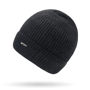 Dicke schwarze gerippte Strickmütze für Herren mit SPORT-Emblem für Winterwärme