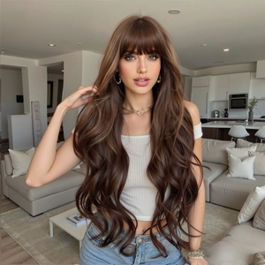 Detailed view of long wavy brown wig with air bangs and voluminous natural curls