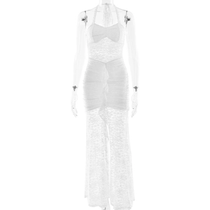 Robe longue en dentelle blanche avec dos nu et coupe sirène ajustée pour femmes chic