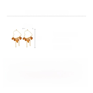 Detail of 18K gold-plated heart tassel earrings showing glass droplets and 6x3.5cm dimensions