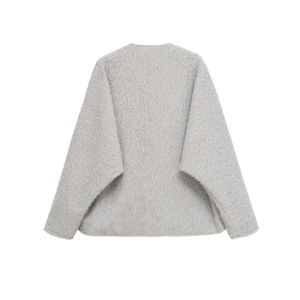 Women's chic grey v-neck fuzzy wool-like cardigan jacket with long sleeves and belted waist
