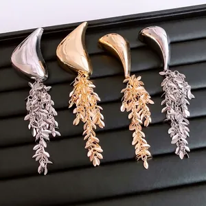 Elegant Alloy Iron Tassel Brooch Geometric Leaf Design High End Fashion Apparel Accessory For Women Clothing Decor