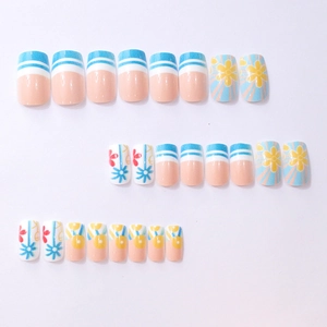 Short square press-on nails set featuring Hawaiian beach coconut and daisy floral patterns