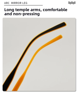Detail view of ARC MIRROR LEG showing ergonomic curved yellow and black temples