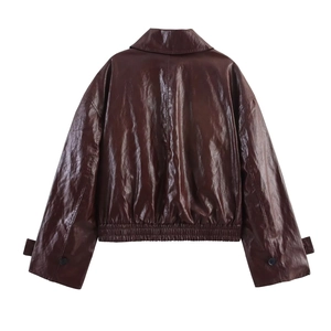 Women's dark brown loose PU leather jacket with elastic waist and lapel collar back view