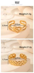 Detailed view of golden heart and braided textured bracelets with size specifications