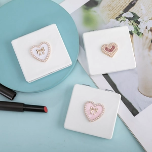 Portable Makeup Mirror PU Leather Double Sided Folding Pocket Mirror With Artificial Pearl Heart Bow Decoration For Travel Vanity