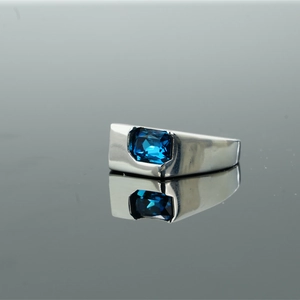 Mens silver ring with rectangle blue sapphire gemstone and wide polished band