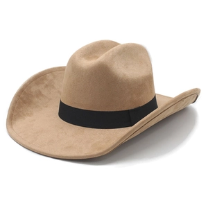 Close-up of vintage khaki suede cowboy hat with black decorative ribbon band