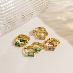 Hoop Earrings Stainless Steel With Rectangular Colorful Zircon Minimalist Delicate Geometric Fashion Jewelry For Women