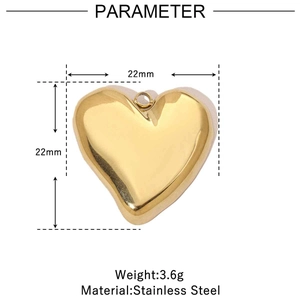 Detailed size parameters for golden heart-shaped stainless steel pendant 22mm x 22mm