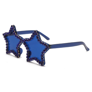 Close-up of blue star-shaped rimless sunglasses with hand-set sparkling blue rhinestones