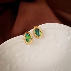 Irregular gold-plated stud earrings with colorful abalone shell inlay in French vintage style