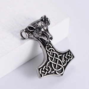 Vintage punk wolf head Mjolnir pendant in stainless steel with Celtic knot engravings