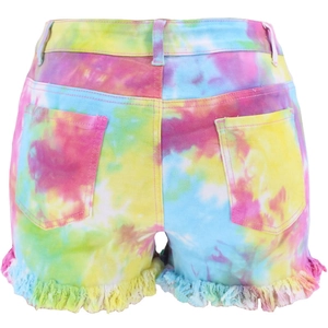 Detail view of colorful tie-dye denim shorts featuring frayed hems and back pockets