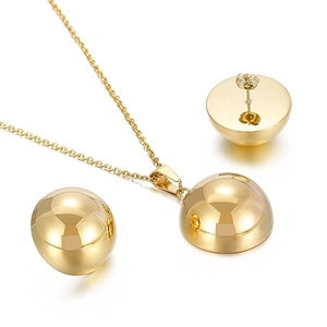 Polished gold heart jewelry set with hemispherical necklace pendant and stud earrings