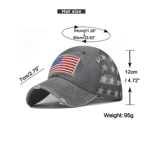 Detailed dimensions of a distressed baseball cap with flag patch and mesh star panels