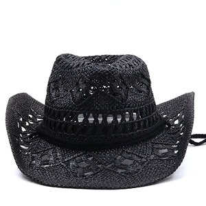 Classico cappello da cowboy in paglia nera intrecciato a mano con motivo traforato traspirante