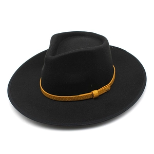 Classic black wool felt wide-brimmed fedora hat with mustard yellow woven band decoration