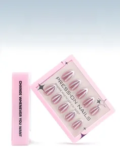 Detail of pink French almond press-on nails set in 30 pieces retail packaging