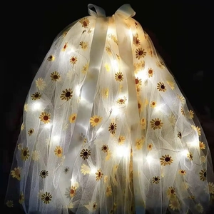 Luminous bridal bridal veil with warm LED lights sunflower pattern and white ribbon bow