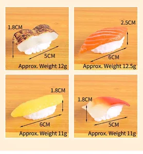 Detailed dimensions of realistic PVC sushi models including salmon and egg nigiri types