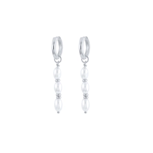 Detailed macro view of S925 silver hoop earrings with elegant hanging white pearls