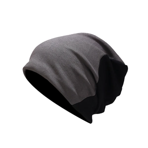 Autumn two-tone grey and black ribbed knit beanie with ear protection for women