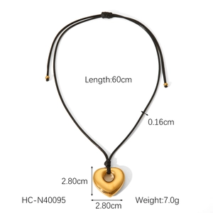Detail view of heart pendant with 60cm black wax cord and full dimension annotations