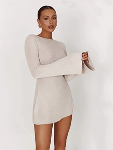 Elegant beige knit mini dress featuring long flared sleeves and a slim fit silhouette