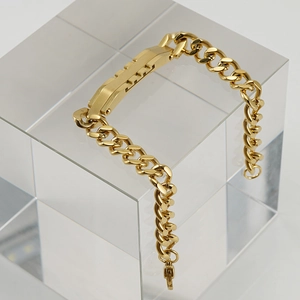 Bracelet gourmette pour homme en acier inoxydable doré 18 carats avec plaque ID