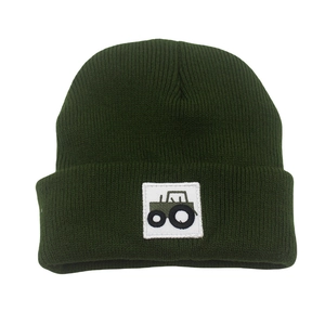 Forest green kids knit beanie with cute tractor patch for winter warmth and comfort